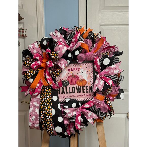 Happy Halloween Pink Mesh Wreath - Picture 2 of 6